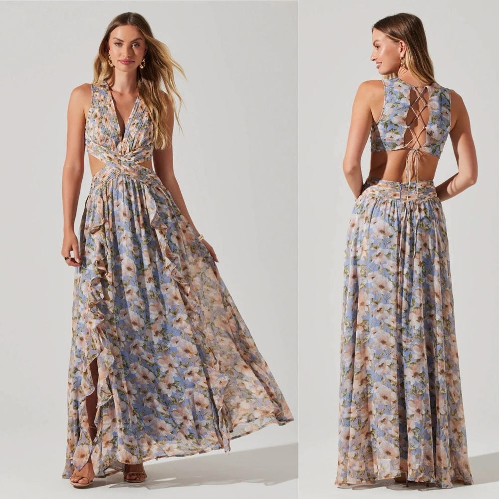 New ASTR Noya Floral Ruffle Cutout Lace Up Maxi Dress Revolve - Picture 1 of 8